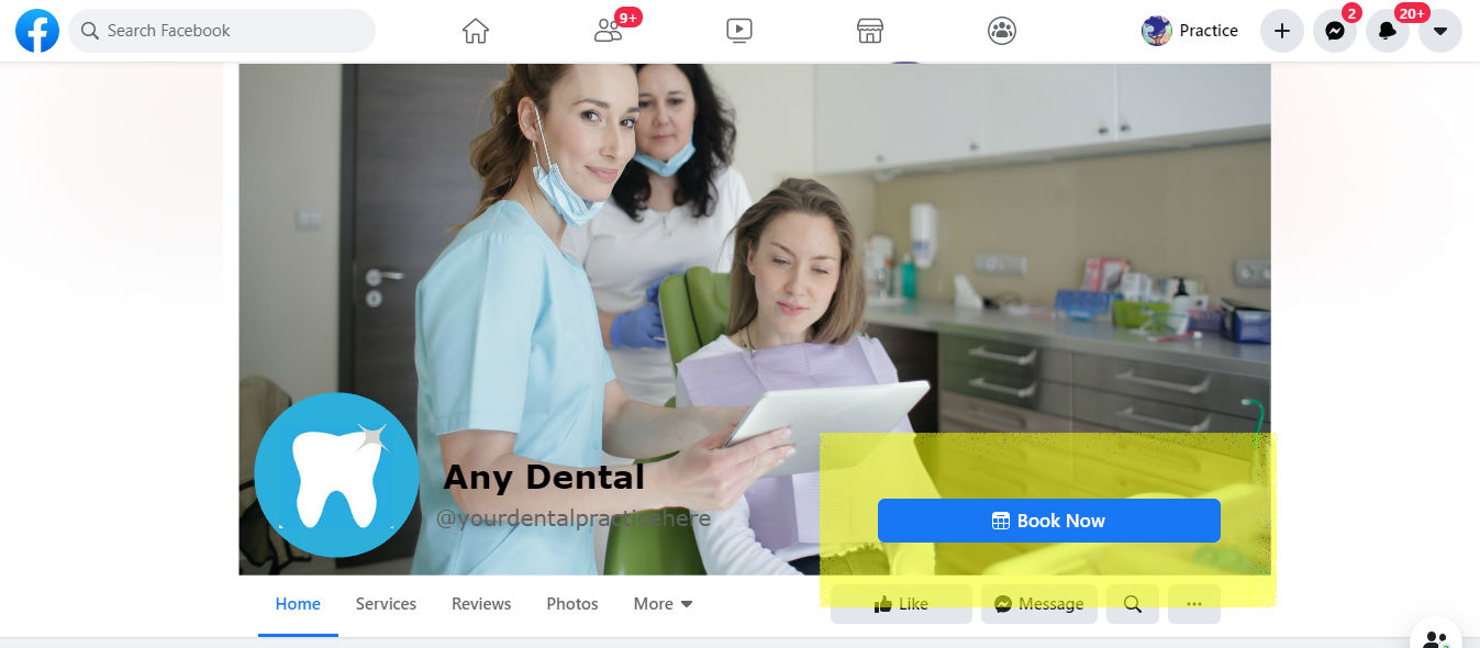 Dentist Page on Facebook with Book Now Button