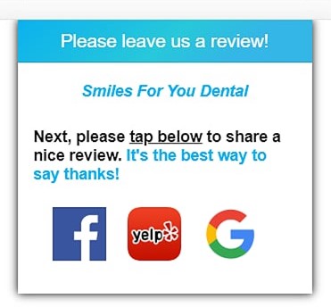 Screenshot of a patient being directed to Facebook, Yelp!, and Google to leave a review after leaving a positive review via pwReviews