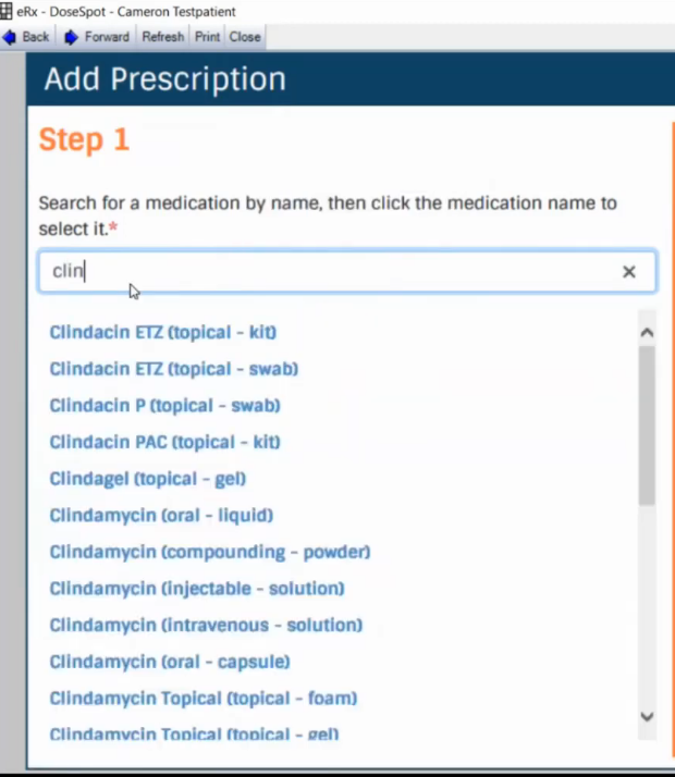 DoseSpot eRx interface auto-suggesting medications based on first letters typed