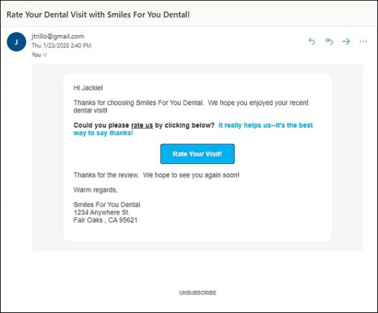 screenshot of patient email asking for review after a dental appointment