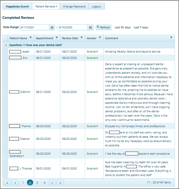Screenshot of the pwReviews dentist interface showing all patient reviews