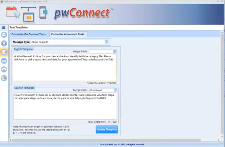 pwConnect screen showing how to invite patients to book online by sending a text message